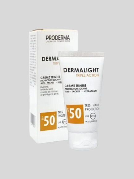 Crème Teintée Proderma Dermalight SPF 50+ Triple Action anti-taches hydratante protection solaire